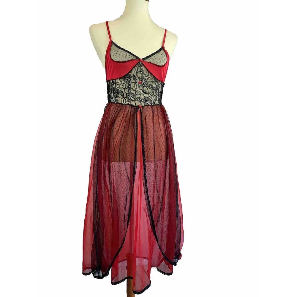 Vintage 80s Red Chiffon Lace Empire Waist Chemise S/M Stroke Of Midnight